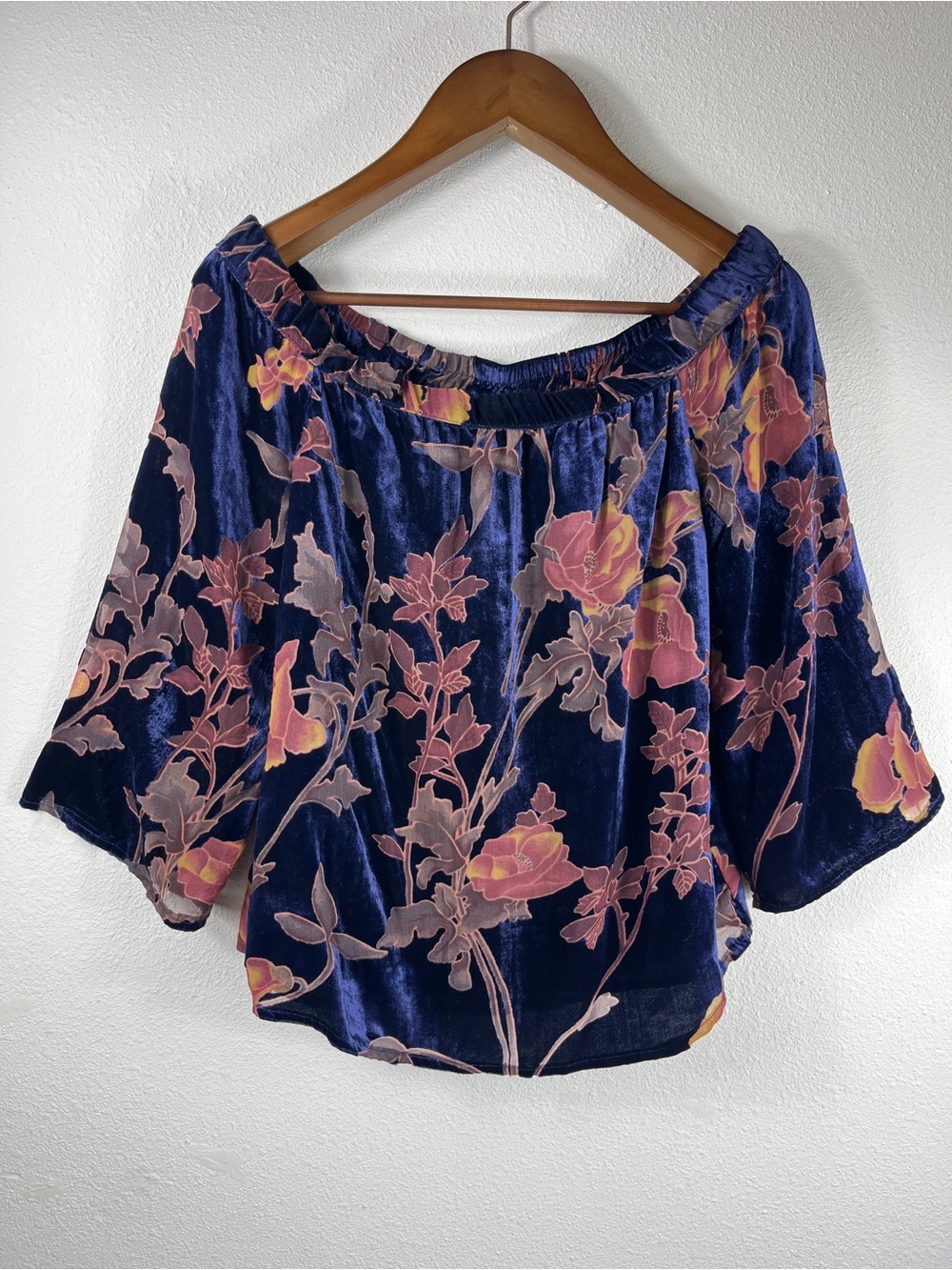 Off The Shoulder Navy Floral Velvet Burnout Women Top Size S Bell Sleeve Boho